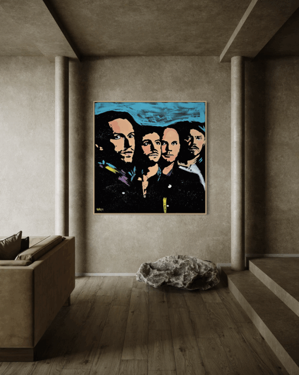 Henrix original artwork featuring Coldplay band members, painted in tones of blue, black, and peach.